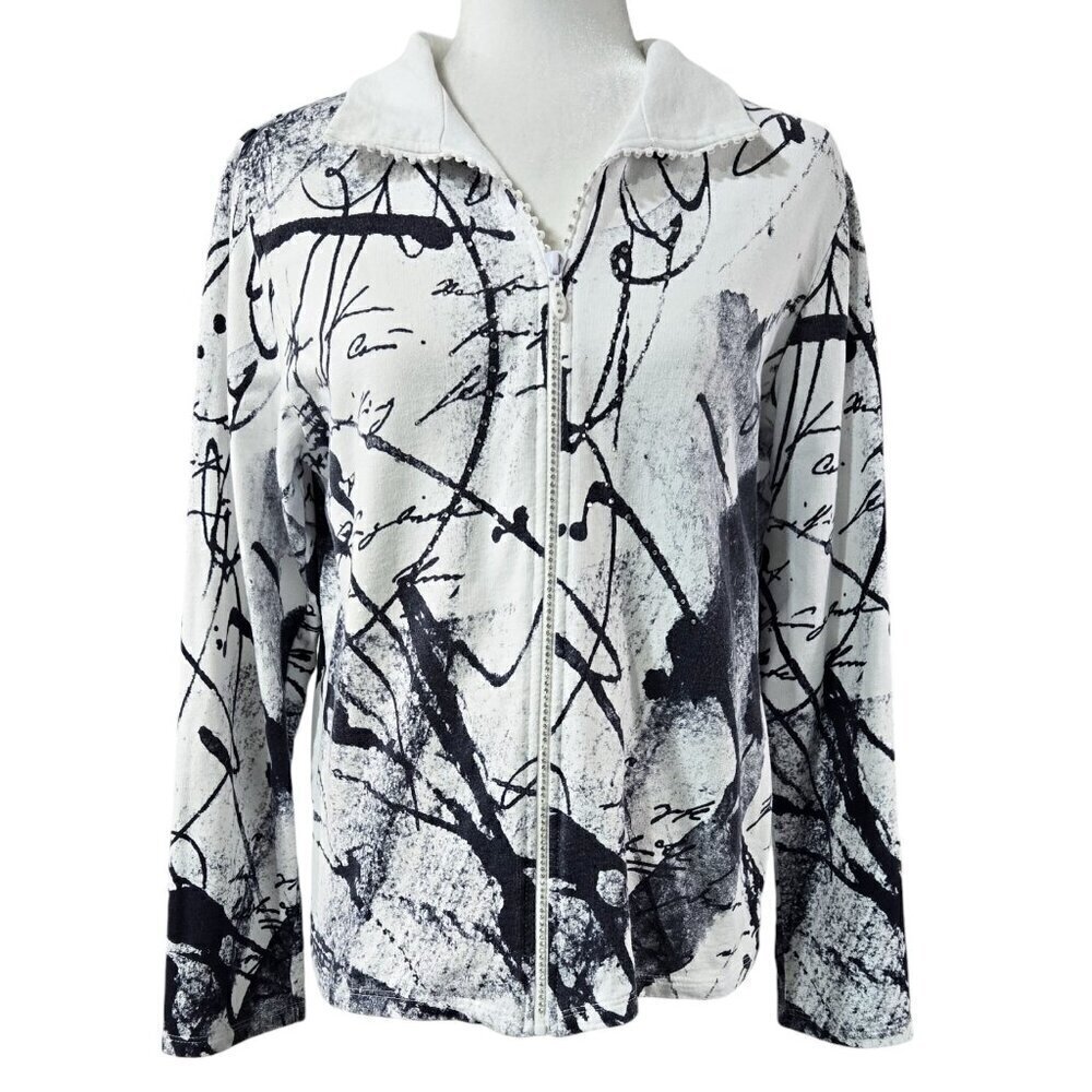 Jess & Jane 100% Cotton White Dark Blue Swirls Text Beaded Zip Jacket Artsy